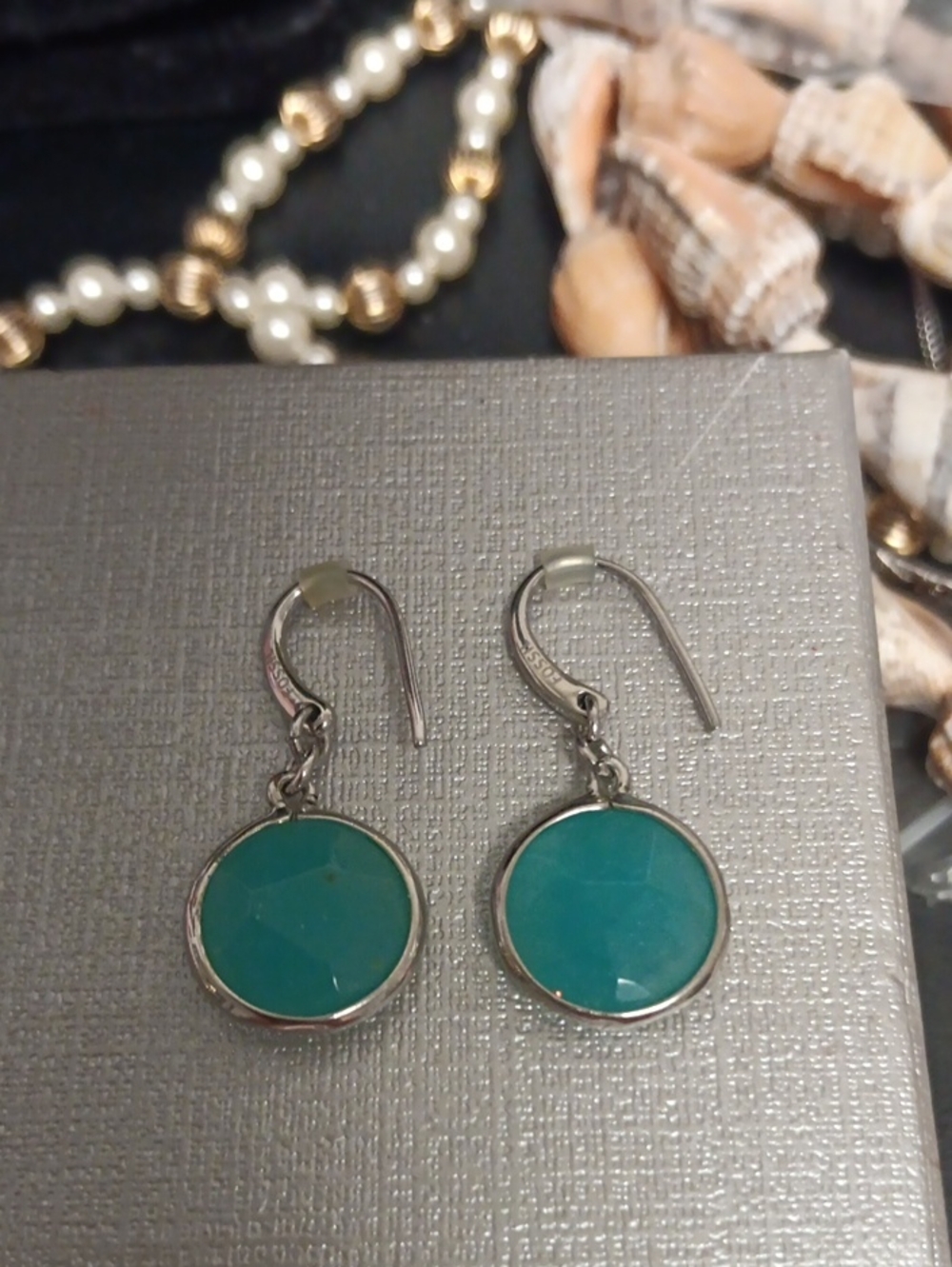 Fossil Amazonite Round Stone Drop Earrings in Silver